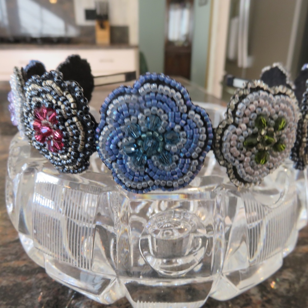 Beaded Flower Headband with Faceted Swarovski Crystals in Pink and Aquamarine